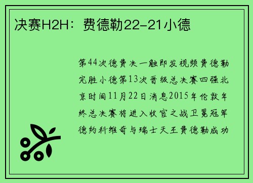决赛H2H：费德勒22-21小德