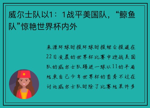 威尔士队以1：1战平美国队，“鲸鱼队”惊艳世界杯内外