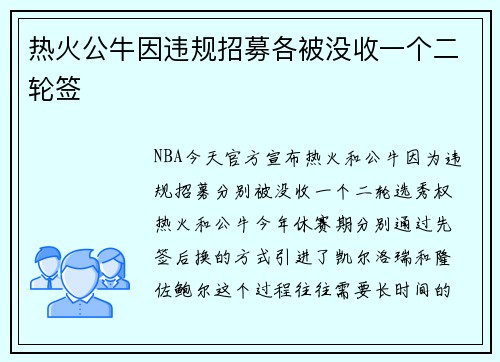 热火公牛因违规招募各被没收一个二轮签